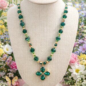 Green Crystal Clover Necklace – Gold Beaded Statement Necklace – St. Patrick’s